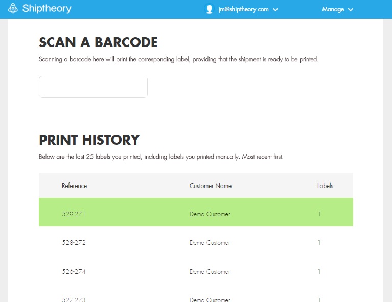 print magento, brightpearl and exact shipping labels with a barcode reader